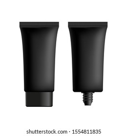 Black silicon matt tube template. Cosmetic container for cream, lotion, base, foundation, opened and closed.
Vector isolated mockup for branding.