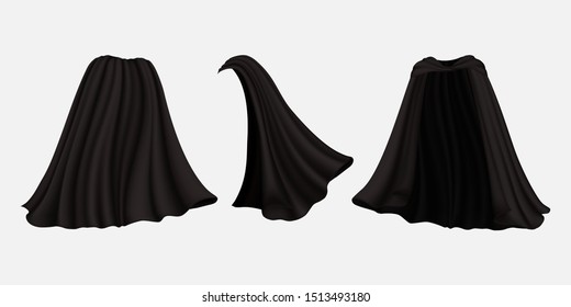 Black silk cape, cloak, mantle, front back and side view, vector illustration isolated on white background. Realistic carnival, masquerade clothes, Halloween party costume etc.