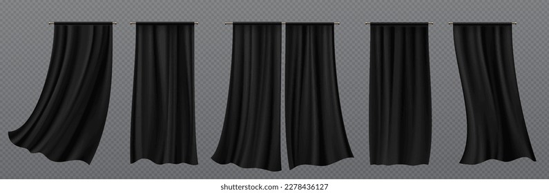 Black silk curtains for window isolated on transparent background. Theater stage fabric drapery fluttering on wind. Hanging soft cloth, curtains, vector realistic set