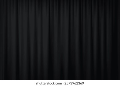 Black silk fabric luxury background. Vertical draped satin cloth texture curtain. Smooth shiny drape material curtain. Realistic modern vector banner.