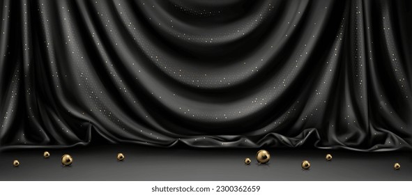 Fondo de podio de tela de seda negra con vector de esfera dorada. Elegante escenario de tela con brillantez dorada y decoración de burbujas. Suave superficie textil satinada 3d con un estuche. Presentación de lujo vintage