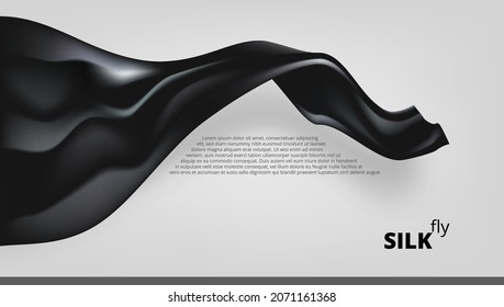 Black Silk Fabric With Shadow Flying On Gray Background. Banner Template. EPS10 Vector