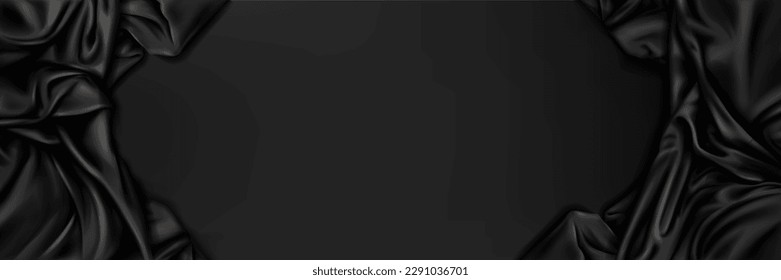 Black silk fabric top view scene luxury wave vector banner background. 3d satin cloth border for beauty product mockup decoration. Dark cosmetic stage premium concept with draping material.