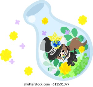 A black silk hat girl in a bottle and flowers
