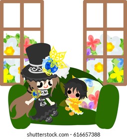 A black silk hat girl and a cute fairy are resting on the sofa