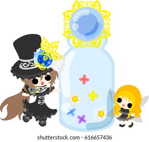 A black silk hat girl and a cute fairy and a flower bottle