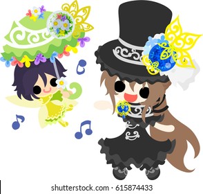 A black silk hat girl and a fairy having a parasol