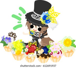A black silk hat girl and many cakes