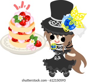 A black silk hat girl and strawberry pancake