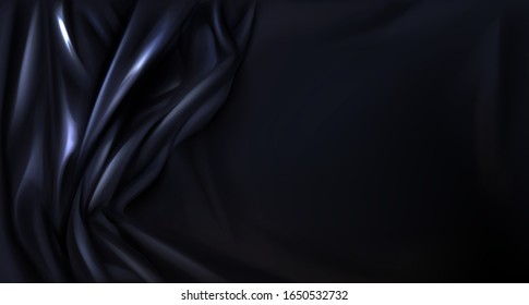 Black Silk Or Latex Folded Cloth Background, Luxurious Fabric Textile Decoration For Poster, Banner Or Cover Design. Dark Shiny Drapery Material With Soft Satin Waves 3d Vector Realistic Backdrop