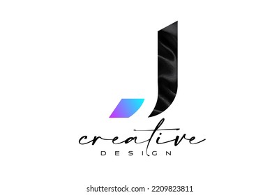 Black Silk Letter J Logo Design with Textile Material Texture and Creative Design Vector. Elegant Letter J logo made of black silk canvas Illustration. 