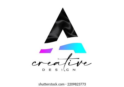 Black Silk Letter A Logo Design with Textile Material Texture and Creative Design Vector. Elegant Letter A logo made of black silk canvas Illustration. 