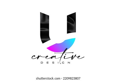 Diseño de logotipo en U de la letra seda negra con textura textil y vectores de diseño creativo. Logo de la letra elegante U hecho de lienzo de seda negra Ilustración. 