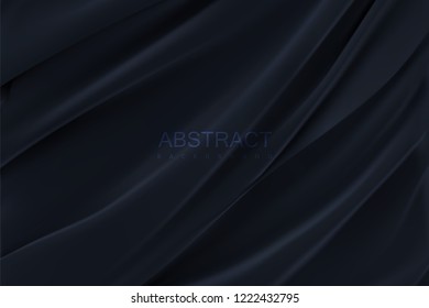 Black silky fabric. Abstract background. Vector illustration. Realistic textile with folds and drapes. Decoration element for design
