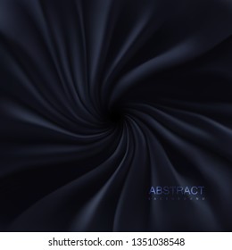 Black silky fabric. Abstract background. Vector 3d illustration. Realistic swirled textile with folds and drapes. Decoration element for design