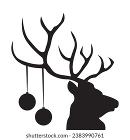 Black sillhouette of deer head with christmas tree toys on horns. Vector