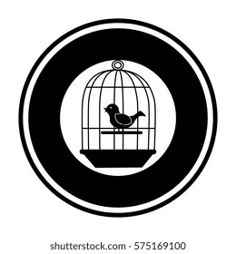 black silohuette circular border with cage with bird in swing