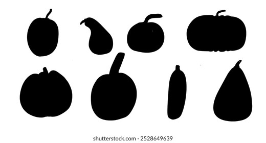 Silueta negra de la calabaza de la forma diferente aislada en el fondo blanco.