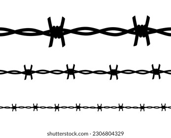 Black siluette barbed wire with sharp barbs, thorns and spikes, seamless pattern set vector illustration. Steel fence barbwire with twisted texture, fencing border isolated on white background.