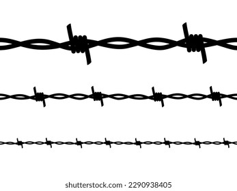 Black siluettes of wire with barbs and spikes set vector illustration. Barbwire for prison fence, steel border and military barrier from twisted chain with sharp edges brushes isolated on white.