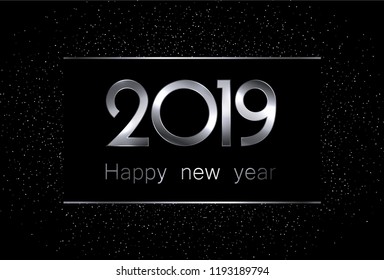 Black and silver 2019 happy new year background. Vector illustration.