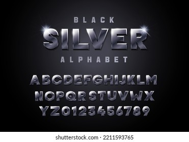 Black Silver Alphabet. Metallic iron steel font 3d effect typographic elements. Mettalic stainless steel three dimensional typeface effect