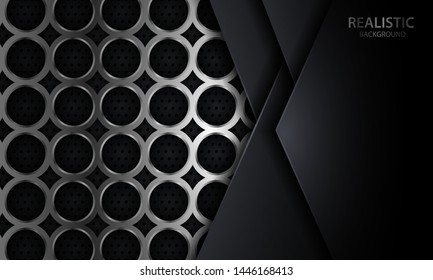 Black and silver circle geometric shape metal corporate background. Modern elegant luxury realistic metallic template for banner, flyer, brochure, cover and card.