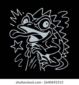 A black and silver drawing of a lizard with a black outline