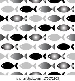 black & silver fishes on white seamless pattern