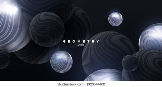 Black and silver flowing spheres textured with wavy striped pattern. Abstract elegant background. Vector 3d illustration. Bouncing balls. Modern cover. Sparkling bubbles. Decoration for banner design