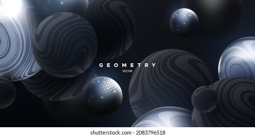 Black and silver flowing spheres textured with wavy striped pattern and glitters. Abstract elegant background. Vector 3d illustration. Bouncing balls. Sparkling bubbles. Decoration for banner design