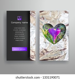 Black And Silver Foil Business Cards. Heart Frame With Crocus