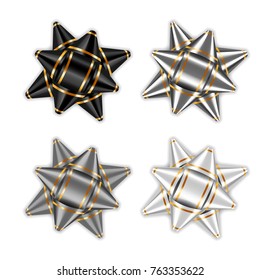 Black, silver, gold bow ribbons set. Decor elements package. Shiny decoration gift present, holiday design, isolated on white background. Symbol Christmas, New Year, birthday Vector illustration