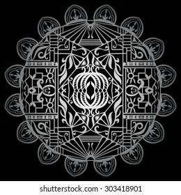 Black and silver gray Mandala round ornament tribal ethnic pattern, islamic arabic indian motif, decorative element for card design. Vector abstract background.