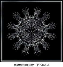 Black and silver gray Mandala round ornament tribal ethnic pattern, islamic arabic indian motif, decorative element for card design. Vector abstract background.