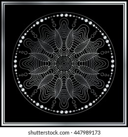 Black and silver gray Mandala round ornament tribal ethnic pattern, islamic arabic indian motif, decorative element for card design. Vector abstract background.