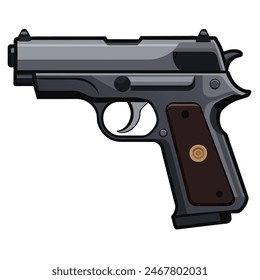 A black and silver handgun placed on a plain white surface against a backdrop