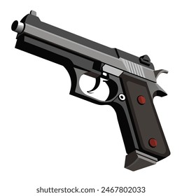 A black and silver handgun placed on a plain white surface against a backdrop
