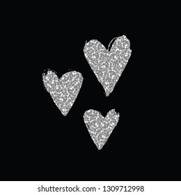 Black and silver heart icon set. Three shining silver confetti hearts sketches. Heart design elements for wedding, valentine's day, romantic party, dating.