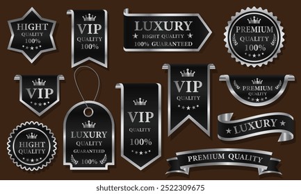 Etiquetas de luxo prata preto emblemas de qualidade premium na ilustração de vetor de fundo marrom.