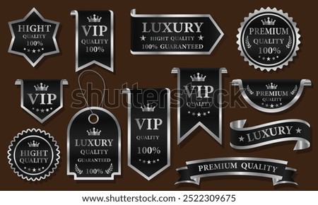 Black silver luxury premium quality label badges on brown background vector illustration.