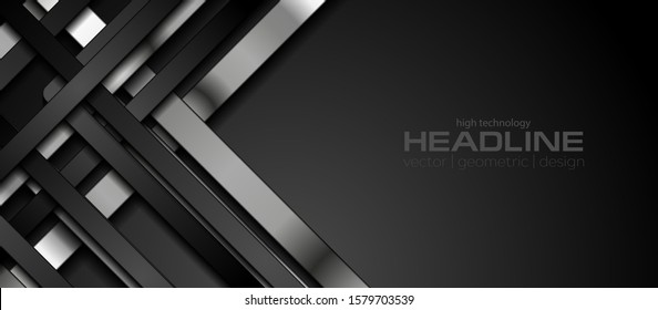Black and silver metallic smooth stripes abstract corporate graphic design. Geometric dark material background. Vector illustration