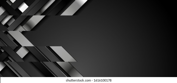 Diseño gráfico corporativo abstracto de rayas lisas metálicas en negro y plata. Fondo geométrico oscuro del concepto. Ilustración del vector