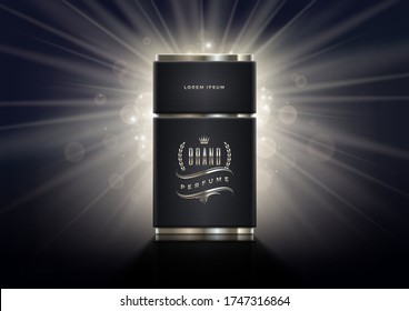 Black and silver perfume bottle template on a shinning light background. Premium design perfume. Vector illustration.