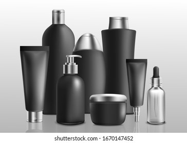Black and silver realistic toiletries mockup set - shampoo bottle, face cream, serum oil dropper, hand soap and shower gel packaging design templates - vector illustration.