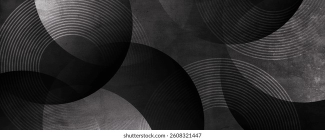 Black silver rough grunge abstract background overlap layer on dark space with circles lines decoration. Modern graphic design element vintage style concept for web, flyer, card, or brochure cover