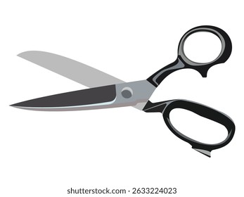 Black and silver scissors with sharp blades and shadow on white background
