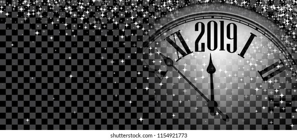 Black and silver shiny 2019 New Year transparent banner with blurred round clock. Vector illustration.