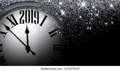 Black and silver shiny 2019 New Year background with clock. Beautiful Christmas greeting card. Vector illustration.