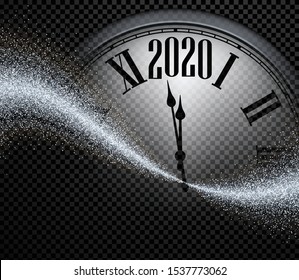 Black and silver shiny 2020 New Year transparent background with round clock. Greeting card template. Vector illustration.